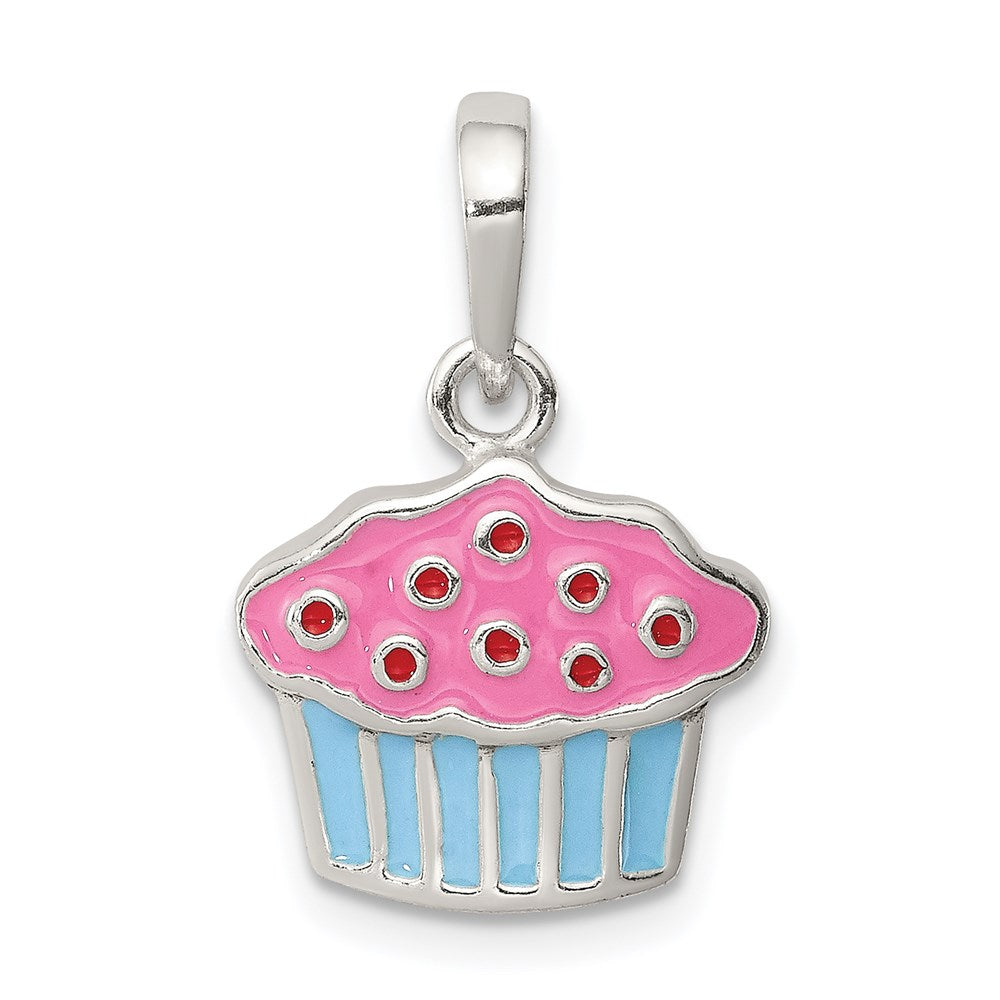 Sterling Silver Polished Enamel Cupcake Pendant