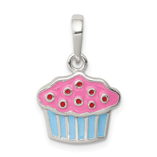 Sterling Silver Polished Enamel Cupcake Pendant