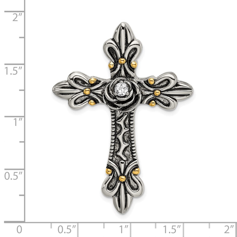 Sterling Silver Gold-plated CZ Antiqued Cross Slide
