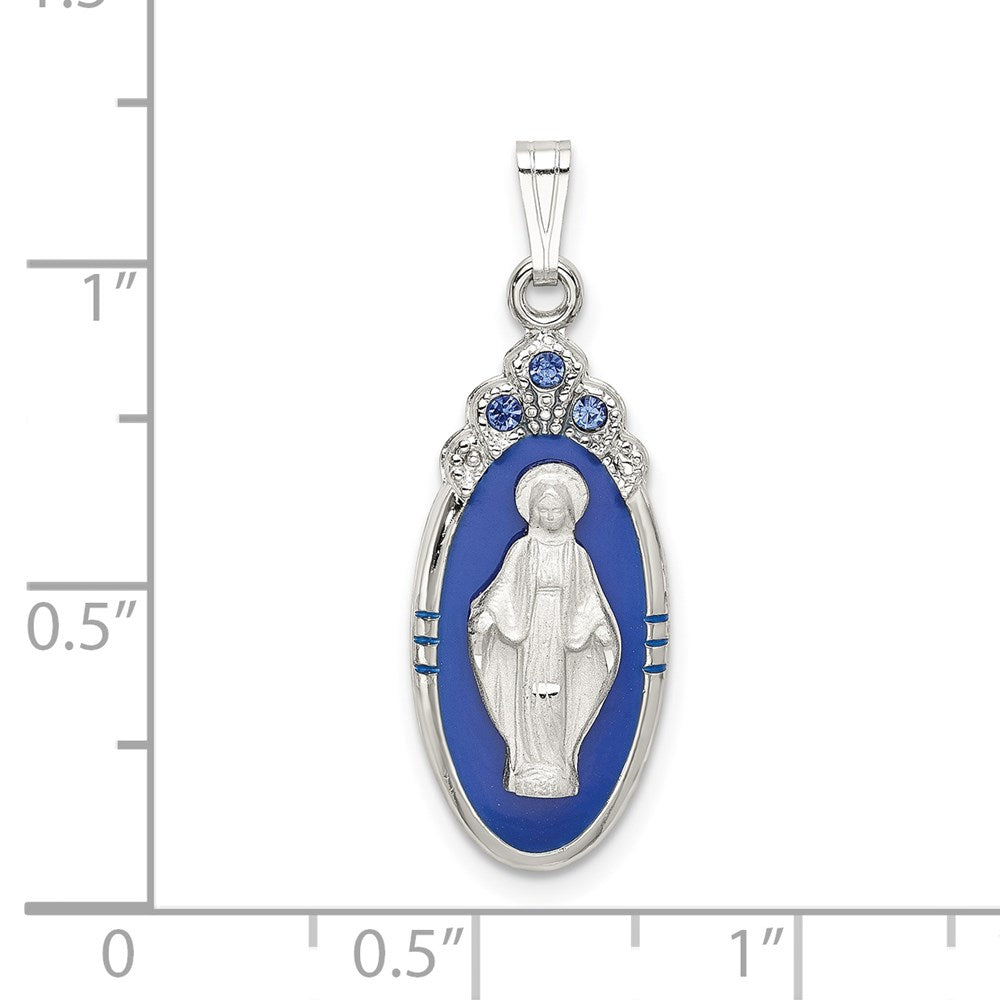 Sterling Silver Satin & D/C Epoxy & Crystal Virgin Mary Medal Pendant