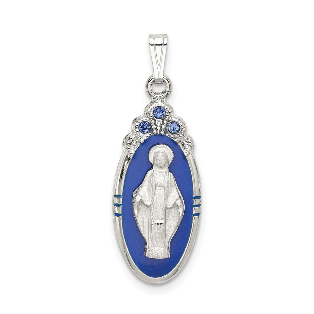 Sterling Silver Satin & D/C Epoxy & Crystal Virgin Mary Medal Pendant