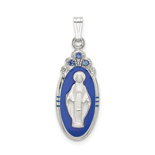Sterling Silver Satin & D/C Epoxy & Crystal Virgin Mary Medal Pendant