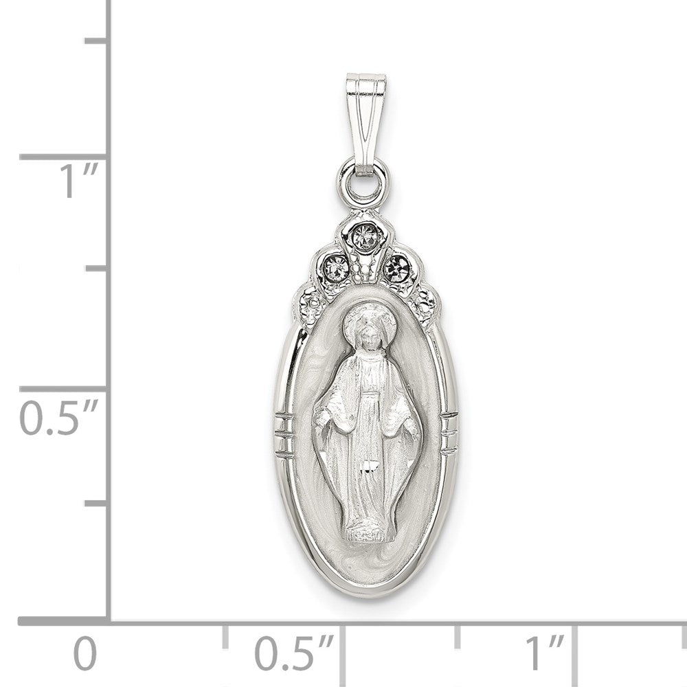 Sterling Silver White Epoxy & Crystal Virgin Mary Medal Pendant