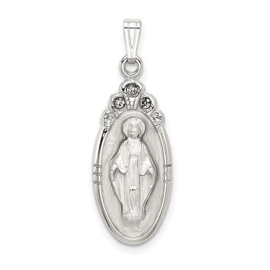 Sterling Silver White Epoxy & Crystal Virgin Mary Medal Pendant