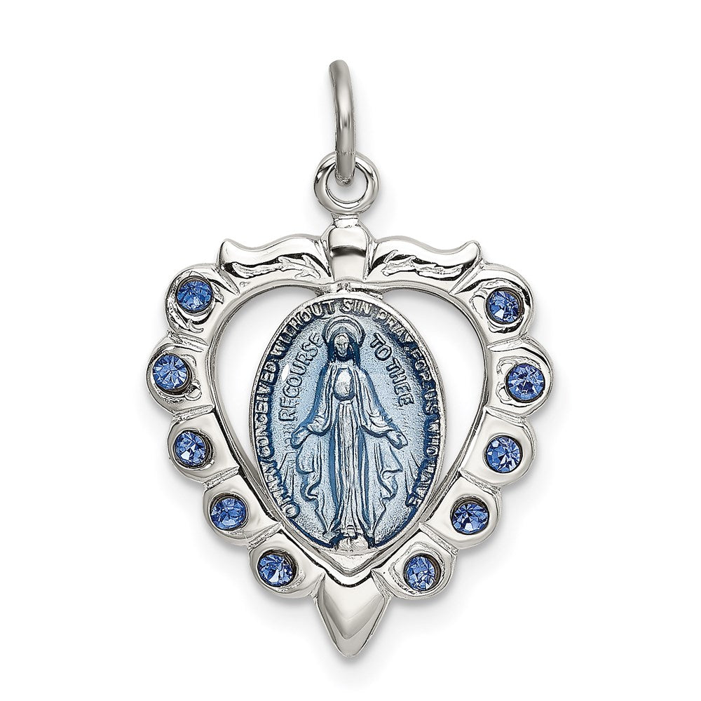 Sterling Silver Epoxy & Crystal Virgin Mary Medal Heart Pendant