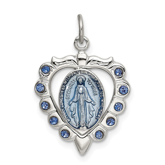 Sterling Silver Epoxy & Crystal Virgin Mary Medal Heart Pendant