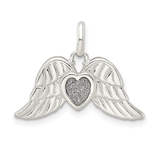 Sterling Silver Polished Enamel Glitter Fabric Heart w/Wings Pendant