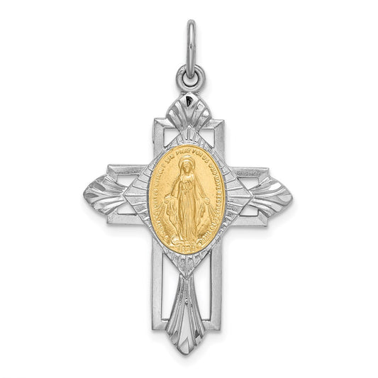 Sterling Silver Rhodium-plated Gold Tone Virgin Mary Medal Cross Pendant
