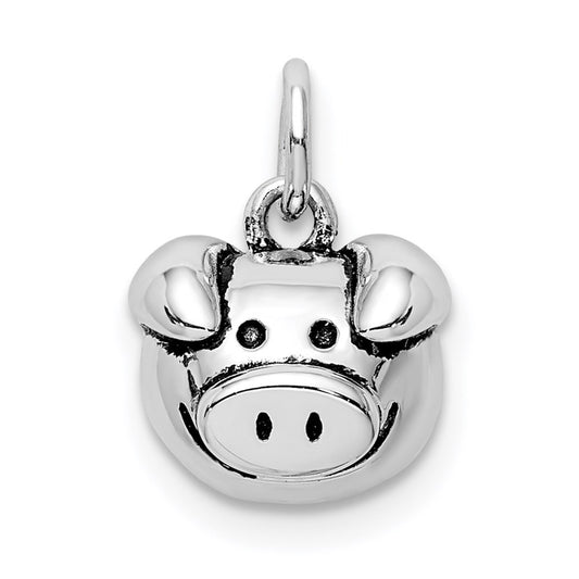 Sterling Silver Rhodium-plated Antiqued Pig Head Pendant