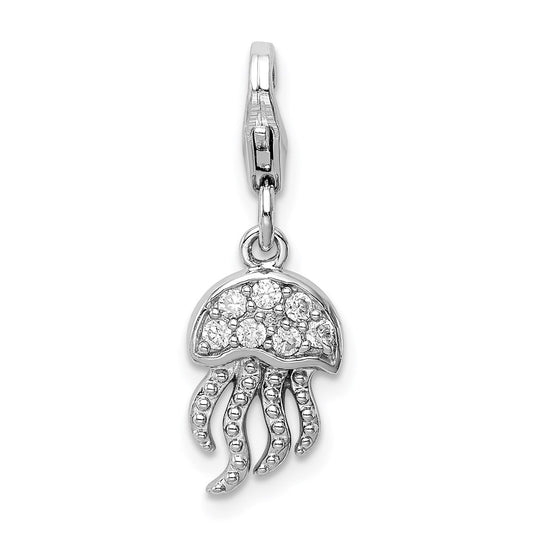 Sterling Silver Rhodium-plated CZ Jellyfish with Lobster Clasp Charm