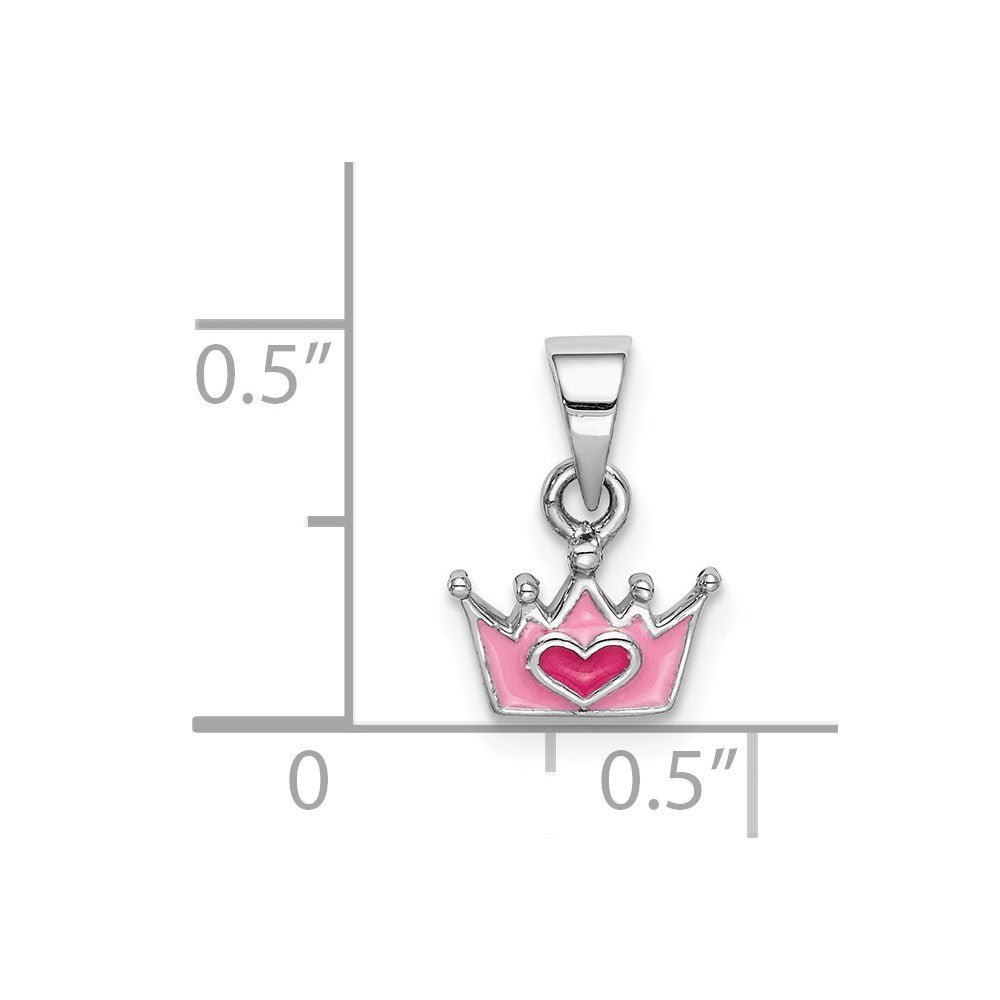 Sterling Silver RH-plated Pink Enameled Heart Crown Children's Pendant