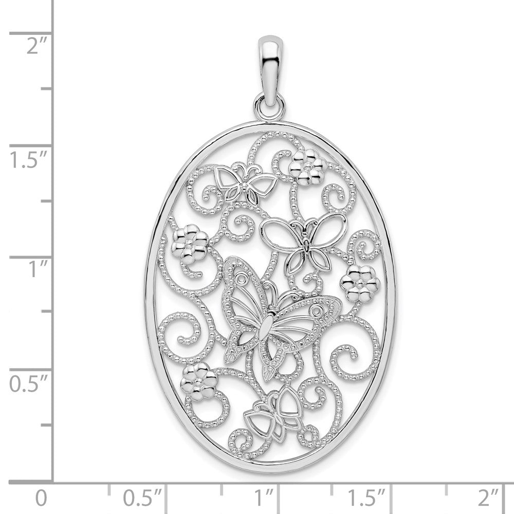 De-Ani Sterling Silver Rhodium-plated Polished Oval Butterflies Pendant
