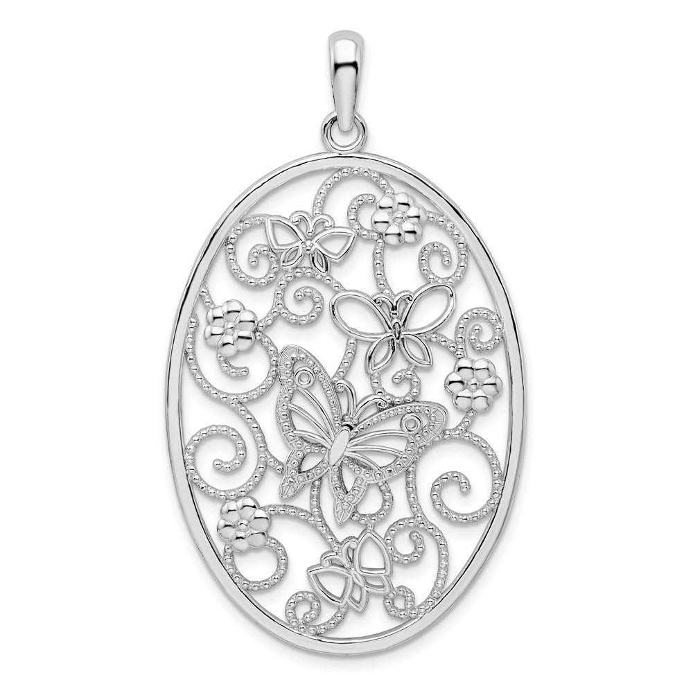 De-Ani Sterling Silver Rhodium-plated Polished Oval Butterflies Pendant