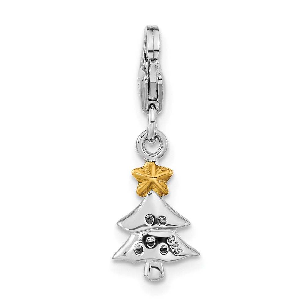 Amore La Vita Sterling Silver Rhodium-plated and Gold-plated Polished CZ Christmas Tree Charm with Fancy Lobster Clasp