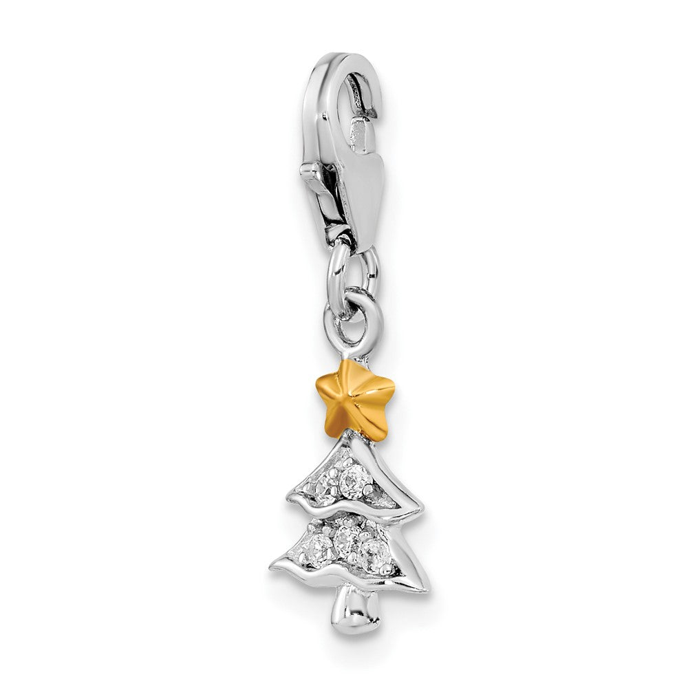 Amore La Vita Sterling Silver Rhodium-plated and Gold-plated Polished CZ Christmas Tree Charm with Fancy Lobster Clasp