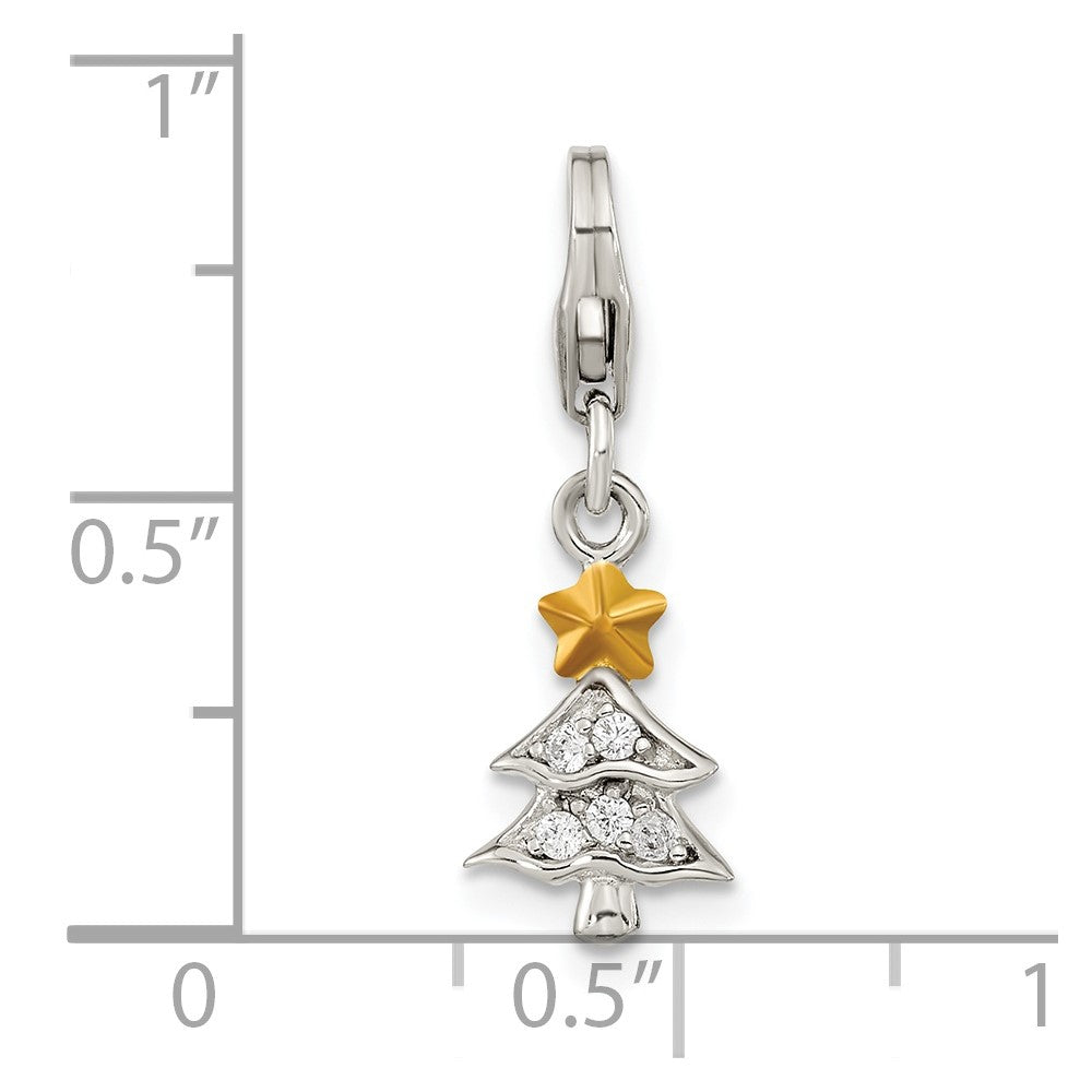 Amore La Vita Sterling Silver Rhodium-plated and Gold-plated Polished CZ Christmas Tree Charm with Fancy Lobster Clasp