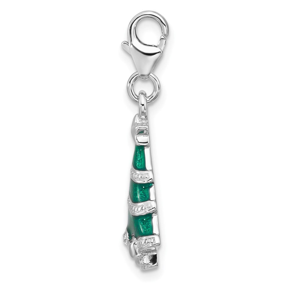 Amore La Vita Sterling Silver Rhodium-plated Green Enameled Christmas Tree with White Crystal in Bow Charm with Fancy Lobster Clasp