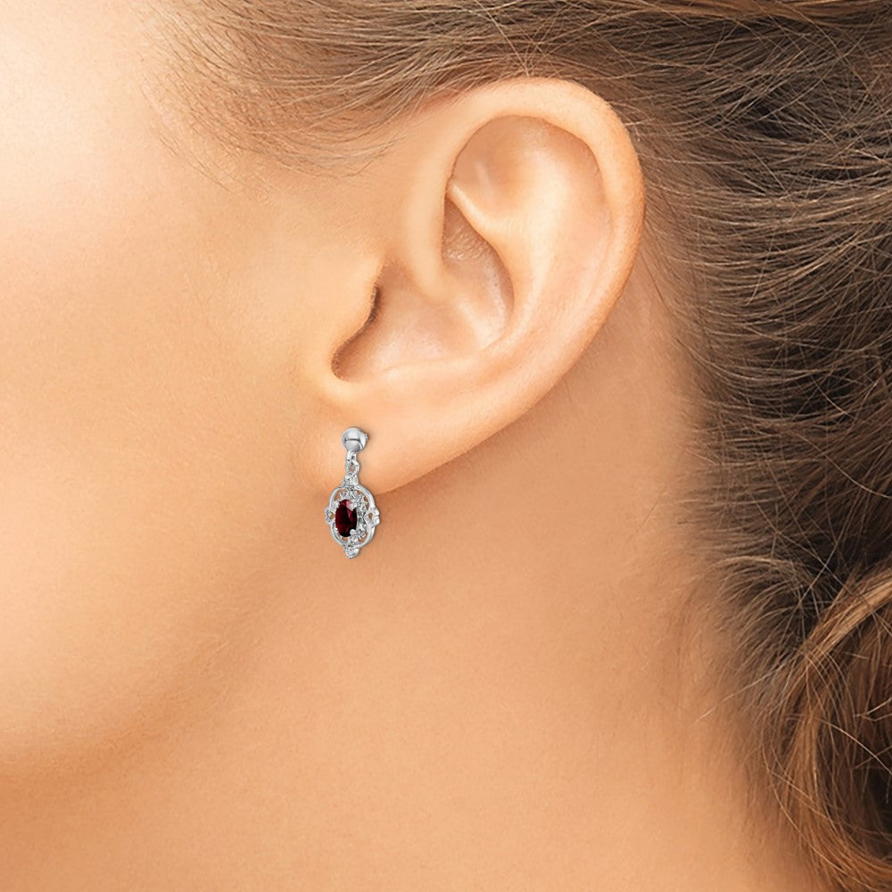 Sterling Silver Rhodium-plated Garnet and Diamond Post Earrings