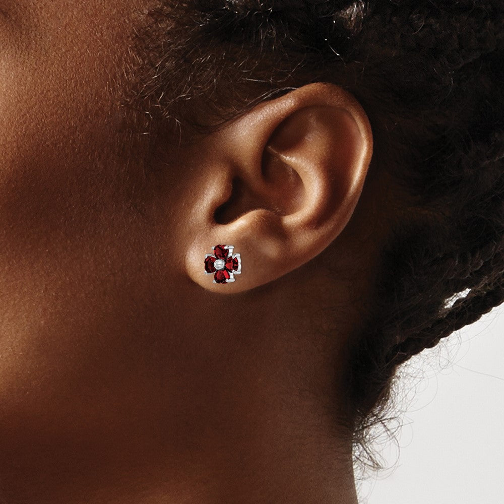 Sterling Silver Rhodium Plated Garnet Flower Post Earrings