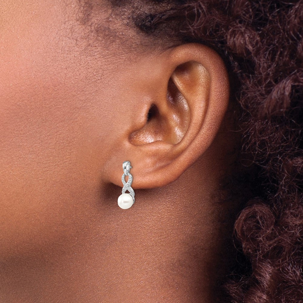Sterling Silver Rhod Plated Diamond and FW Cultured Pearl Post Ear