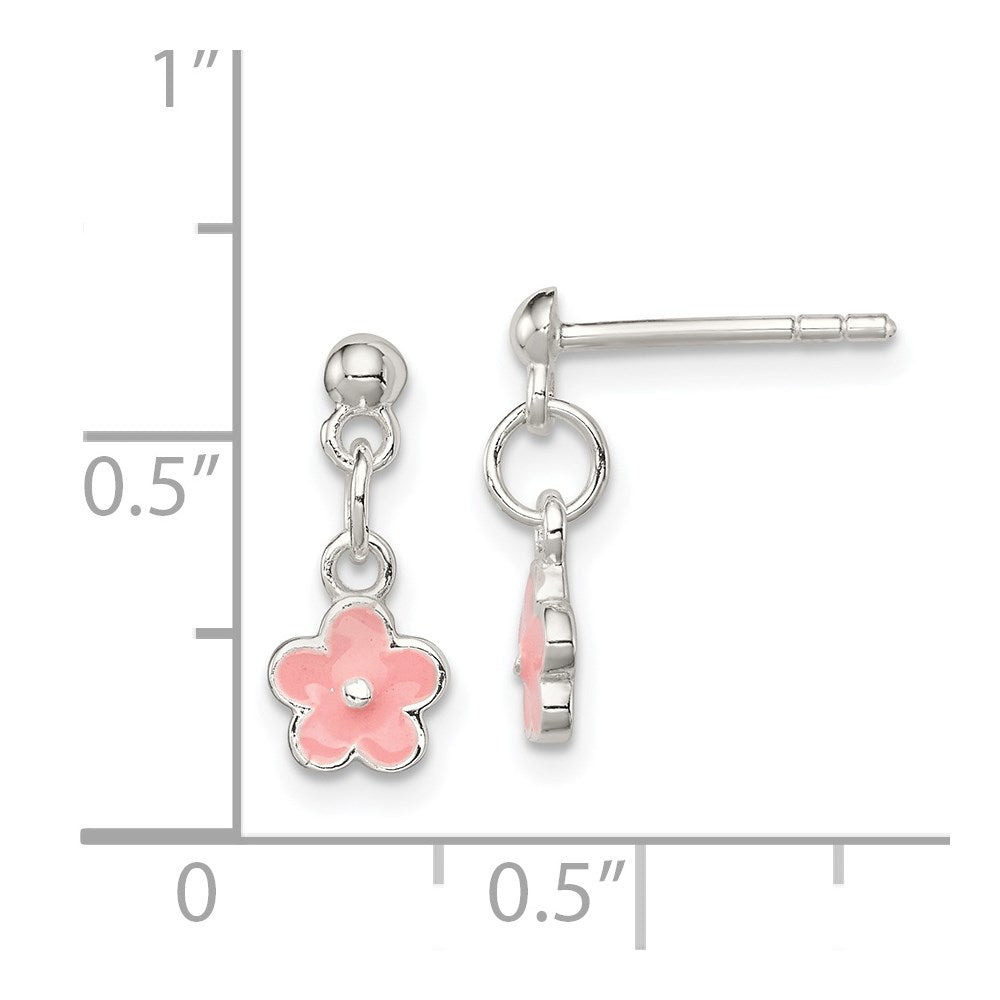 Sterling Silver Polished Pink Enameled Flower Children's Post Dangle Earrings
