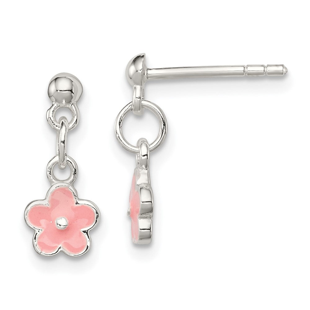 Sterling Silver Polished Pink Enameled Flower  Post Dangle Earrings