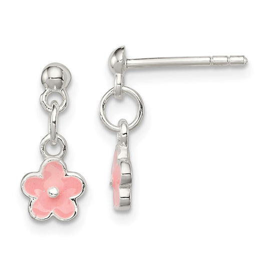 Sterling Silver Polished Pink Enameled Flower  Post Dangle Earrings