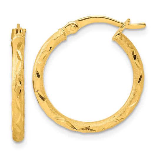Sterling Silver Gold-tone Satin Diamond-cut 2x20mm Hoop Earrings