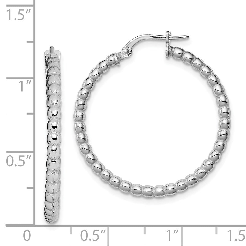 Sterling Silver Rhodium-plated Beaded 3x25mm Hoop Earrings