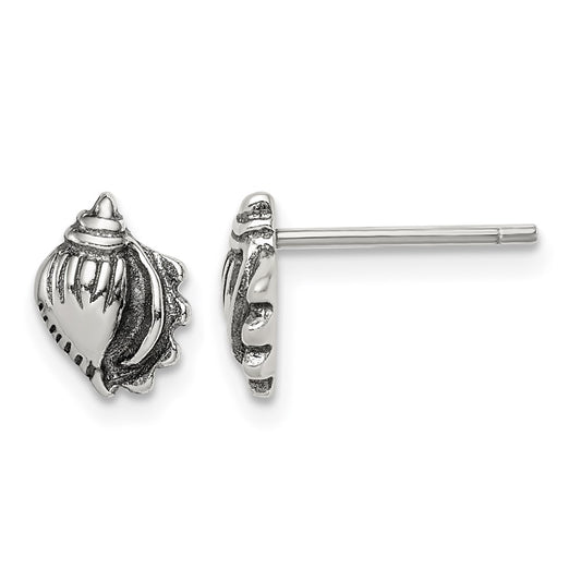 Sterling Silver Polished and Antiqued Sea Shell Post Earrings