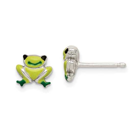 Sterling Silver Polished Enamel Frog Post Earrings