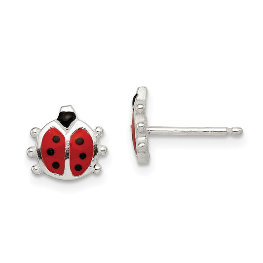 Sterling Silver Polished Enamel Ladybug Post Earrings