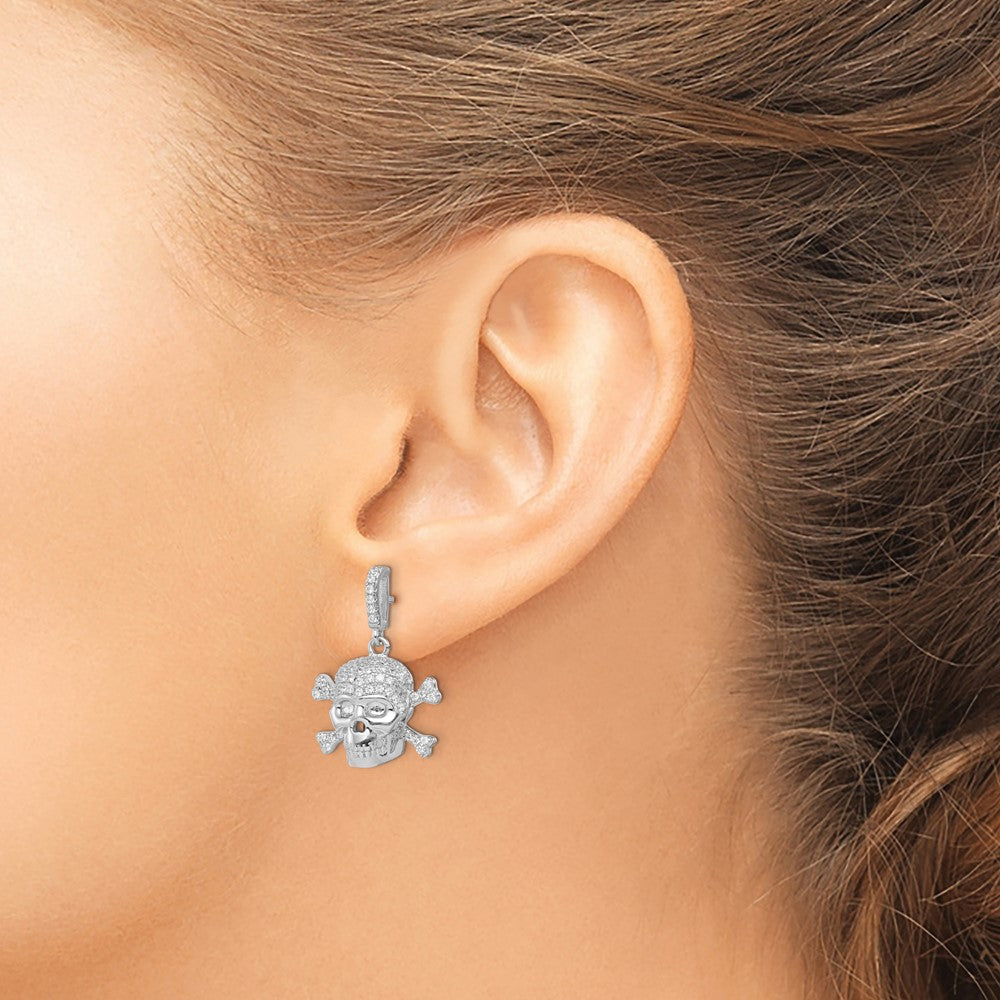 Sterling Silver Rhodium-plated CZ Skull Dangle Post Earrings