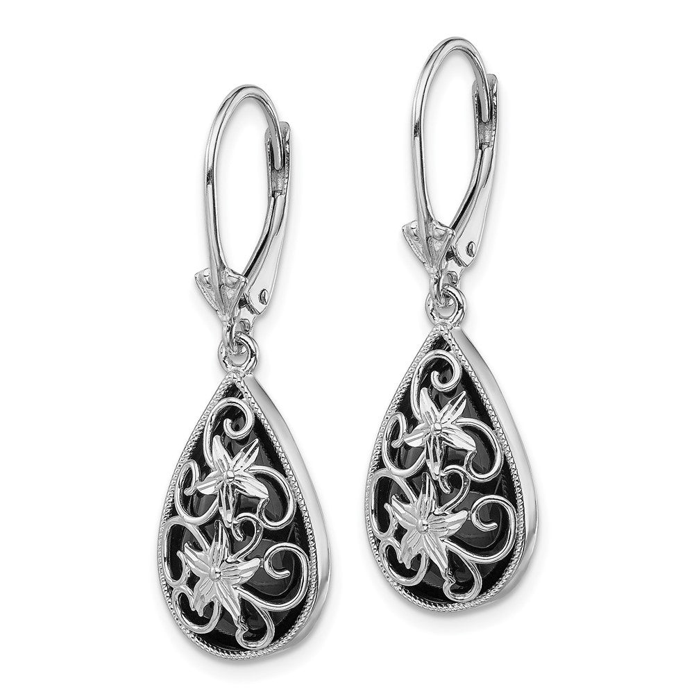Sterling Silver RH-plated D/C Onyx Floral Teardrop Leverback Earrings