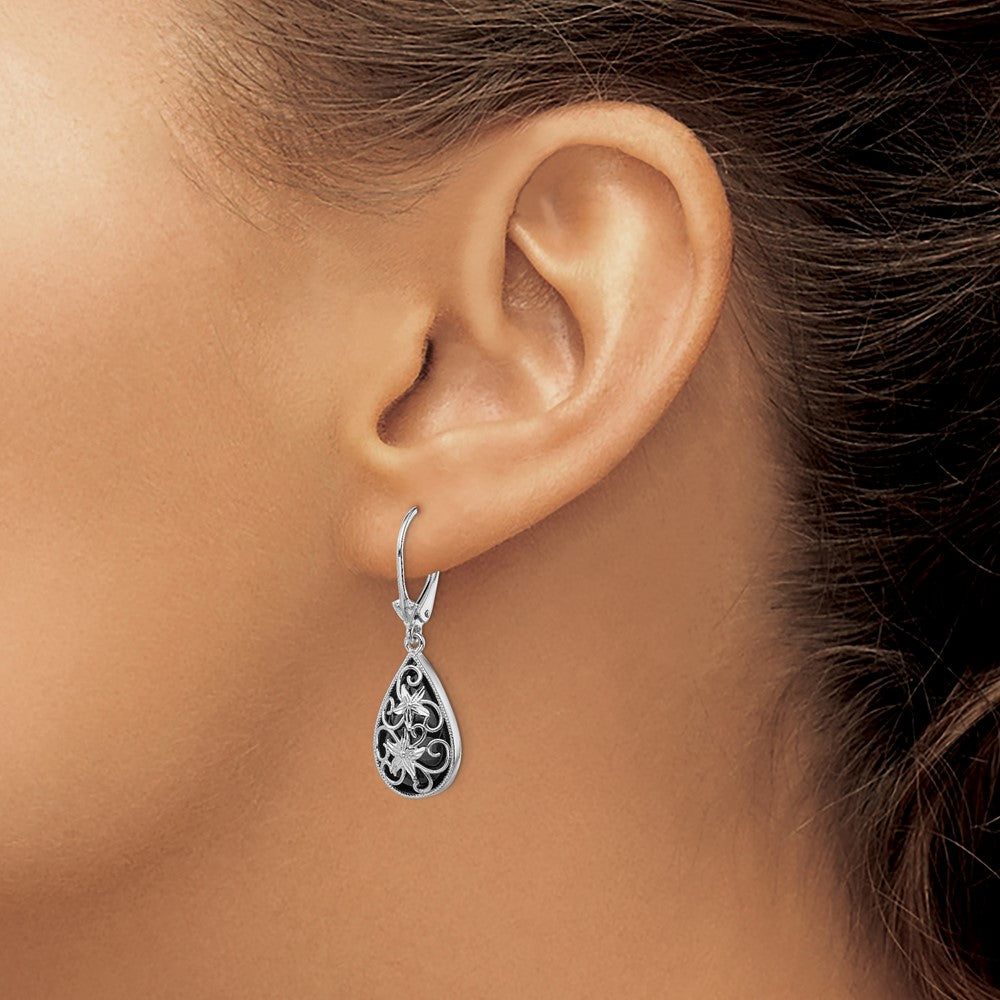 Sterling Silver RH-plated D/C Onyx Floral Teardrop Leverback Earrings