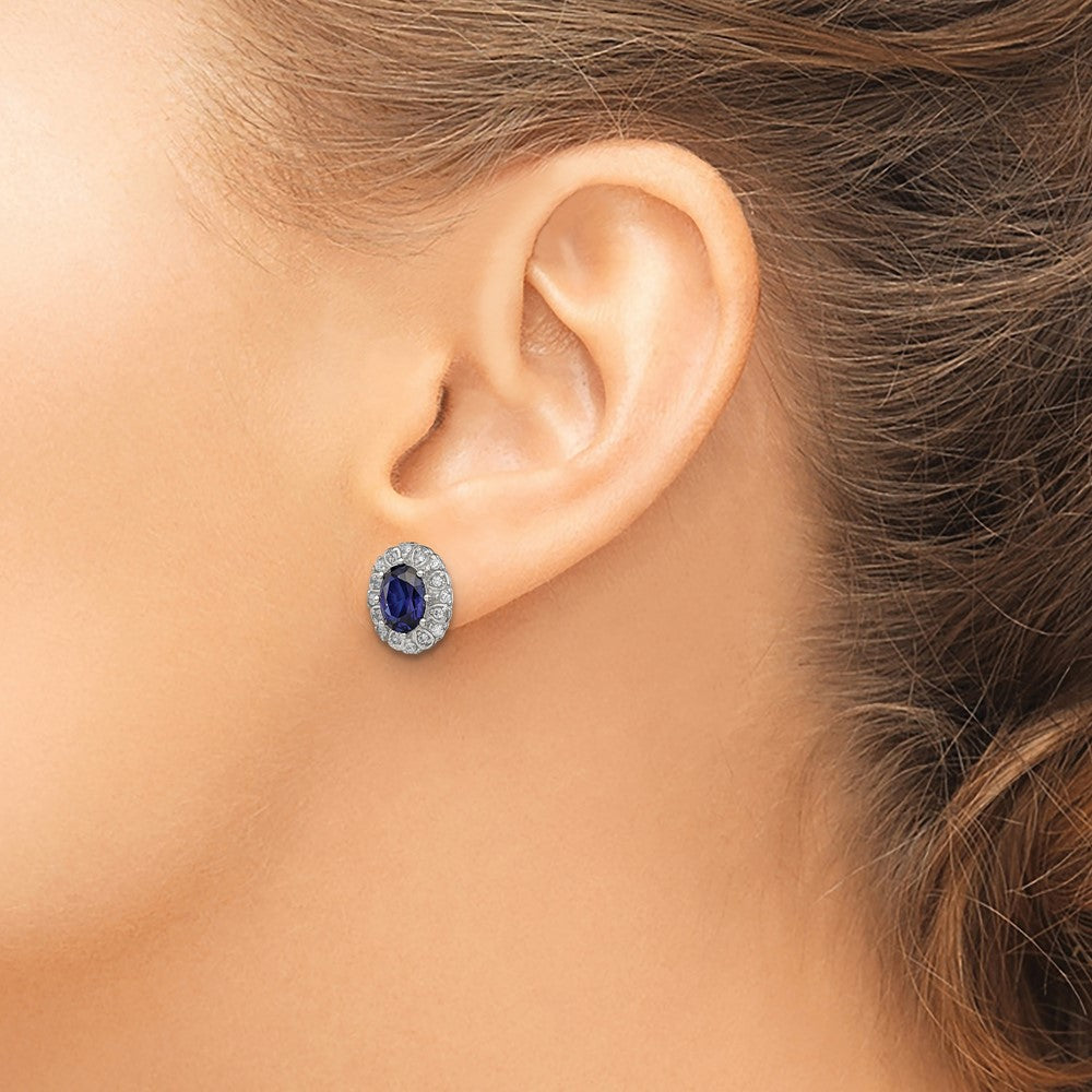 Sterling Silver RH-plated CZ and Created Sapphire Oval Halo Post Earring