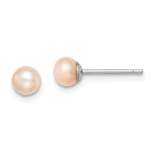 Sterling Silver Rhodium-plated 4-5mm Pink Button Freshwater Cultured Pearl Post Earrings