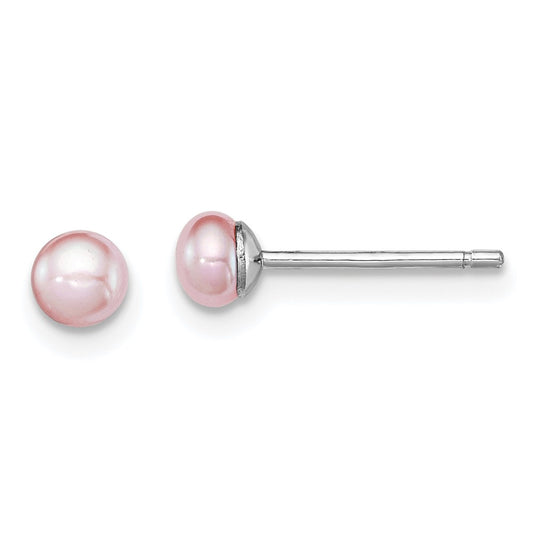 Sterling Silver Rhodium-plated 3-4mm Purple Button Freshwater Cultured Pearl Post Earrings