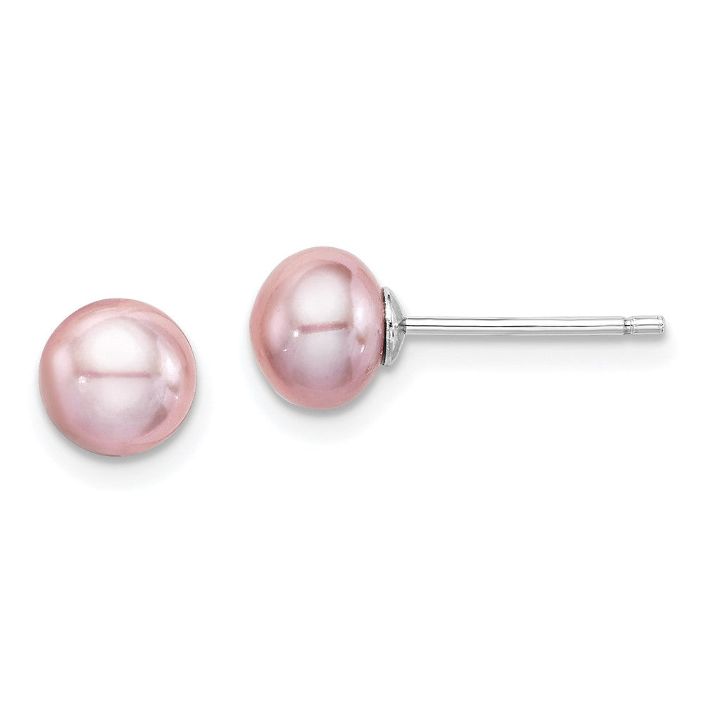 Sterling Silver Rhodium-plated 6-7mm Purple Button Freshwater Cultured Pearl Post Earrings