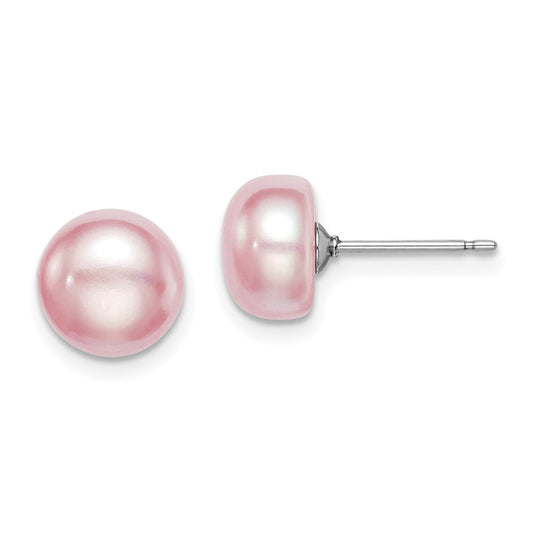 Sterling Silver Rhodium-plated 8-9mm Purple Button Freshwater Cultured Pearl Post Earrings
