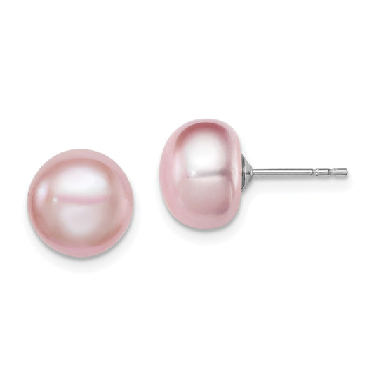 Sterling Silver Rhodium-plated 9-10mm Purple Button Freshwater Cultured Pearl Post Earrings