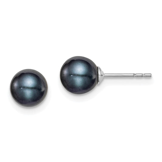 Sterling Silver Rhodium-plated 6-7mm Black Round Freshwater Cultured Pearl Post Earrings