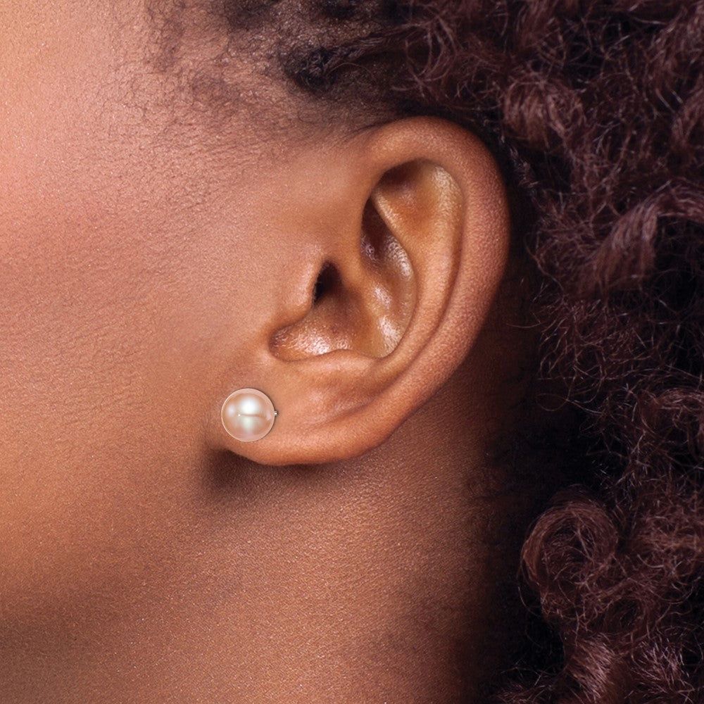Sterling Silver Rhodium-plated 8-9mm Pink Round Freshwater Cultured Pearl Post Earrings