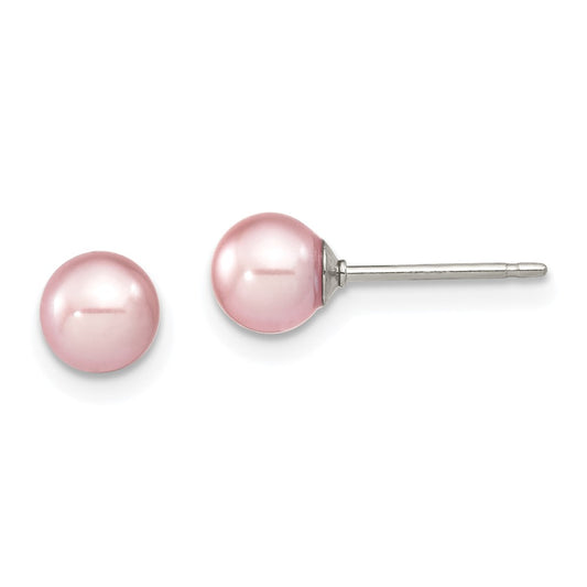 Sterling Silver Rhodium-plated 5-6mm Purple Round Freshwater Cultured Pearl Post Earring