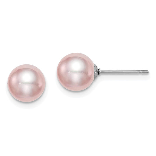 Sterling Silver Rhodium-plated 7-8mm Purple Round Freshwater Cultured Pearl Post Earring