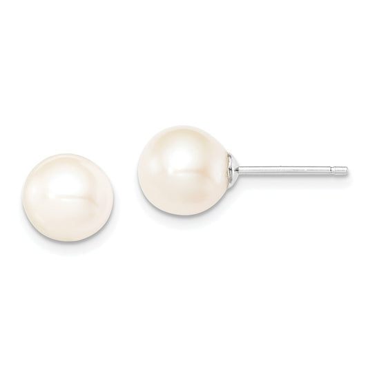 Sterling Silver Rhodium-plated 8-9mm White Round Freshwater Cultured Pearl Post Earrings