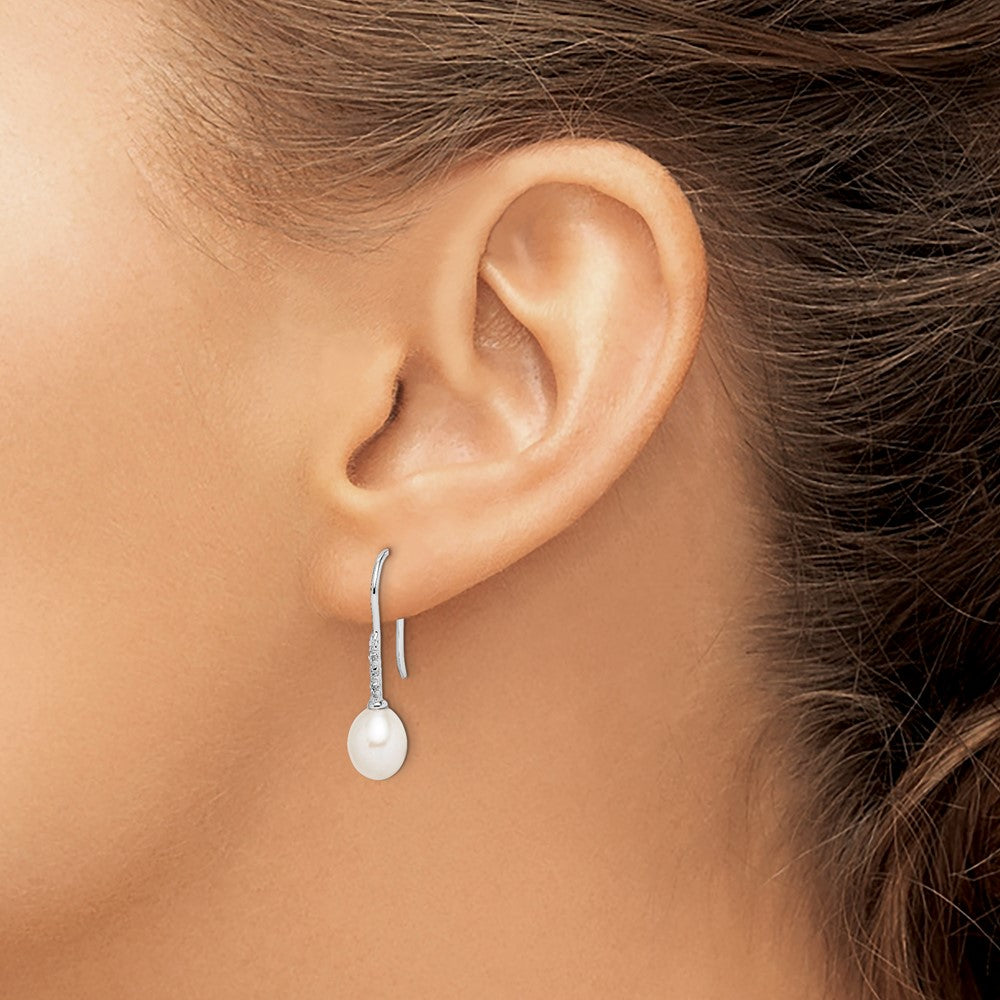 Sterling Silver Rhodium-plated 7-8mm White Teardrop Freshwater Cultured Pearl and CZ Dangle Earrings
