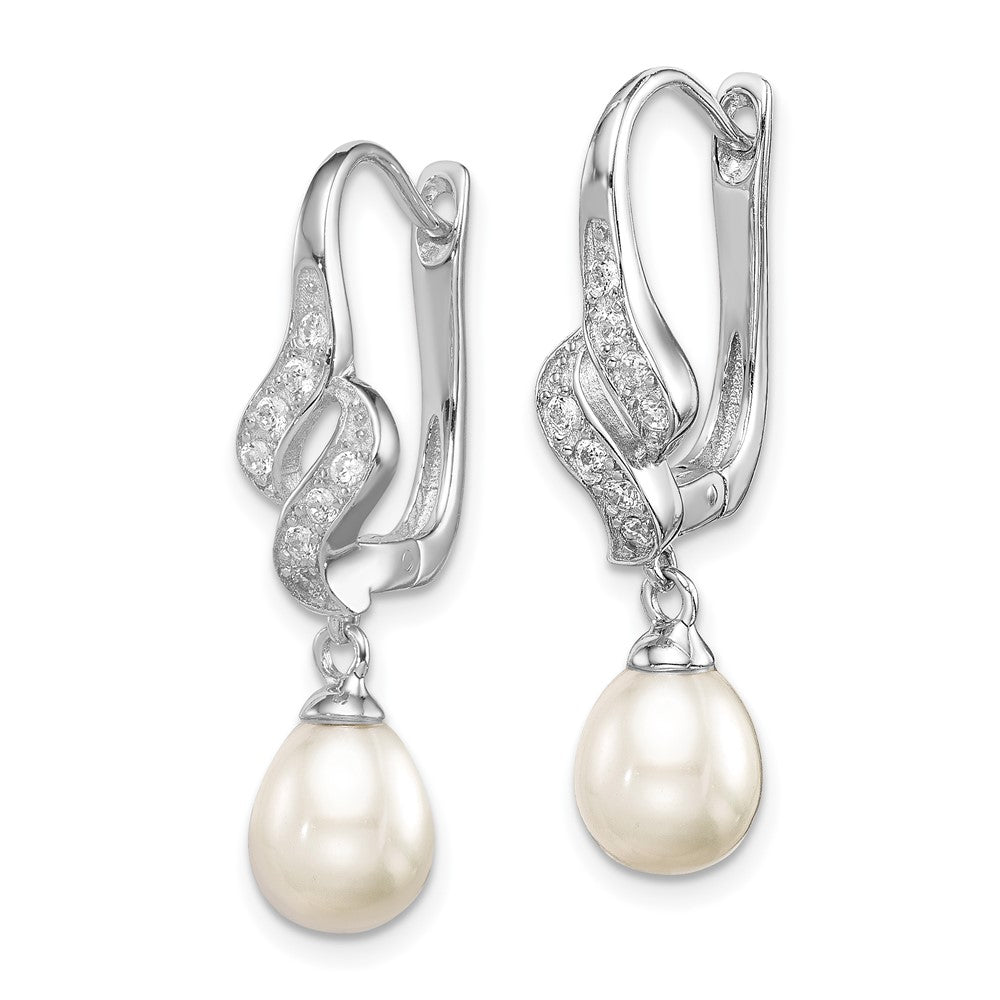 Sterling Silver Rhodium-plated 7-8mm White Teardrop Freshwater Cultured Pearl and CZ Dangle Leverback Earrings
