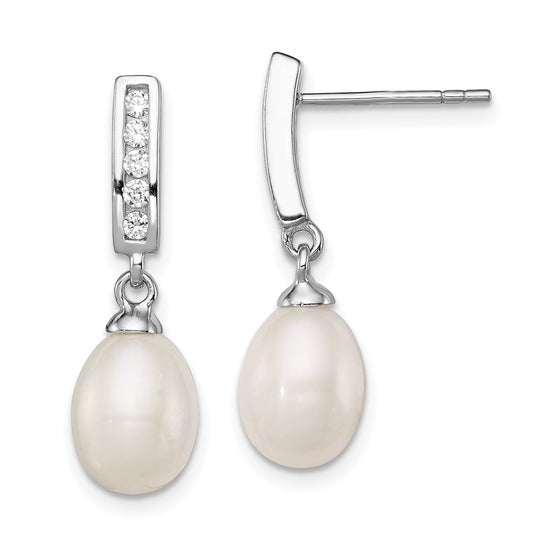 Sterling Silver Rhodium-plated 8-9mm White Rice Freshwater Cultured Pearl and CZ Post Dangle Earrings