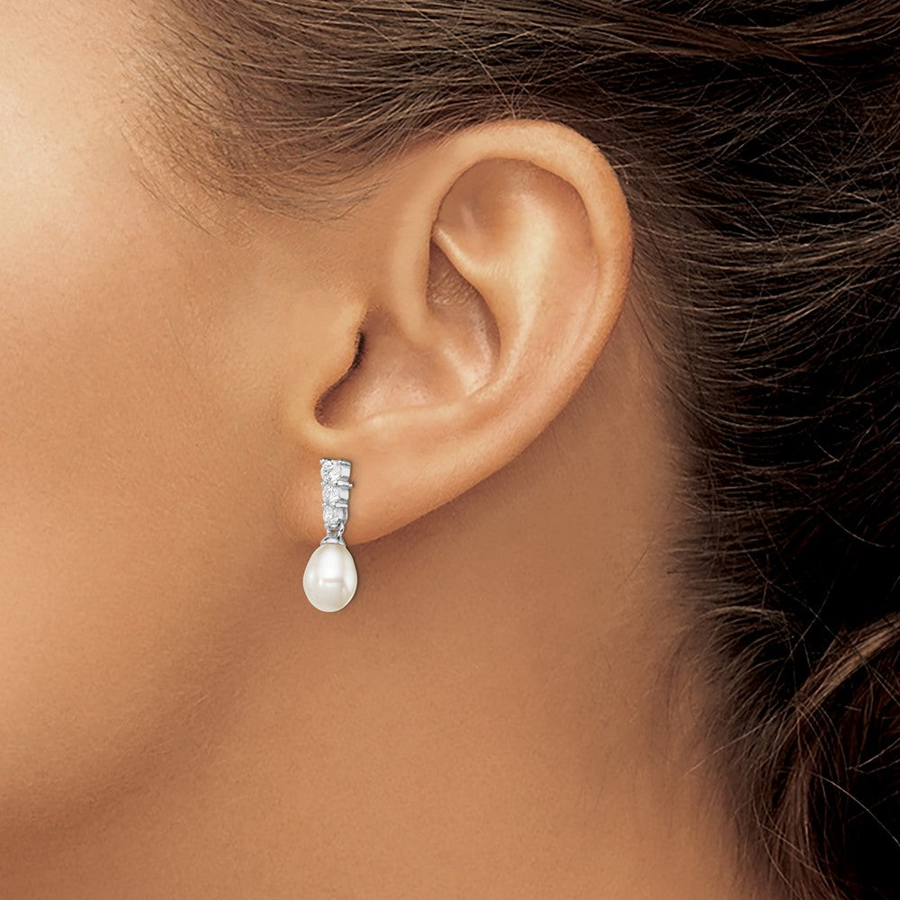Sterling Silver Rhod-plated 7-8mm White Teardrop Freshwater Cultured Pearl and CZ Post Dangle Earrings